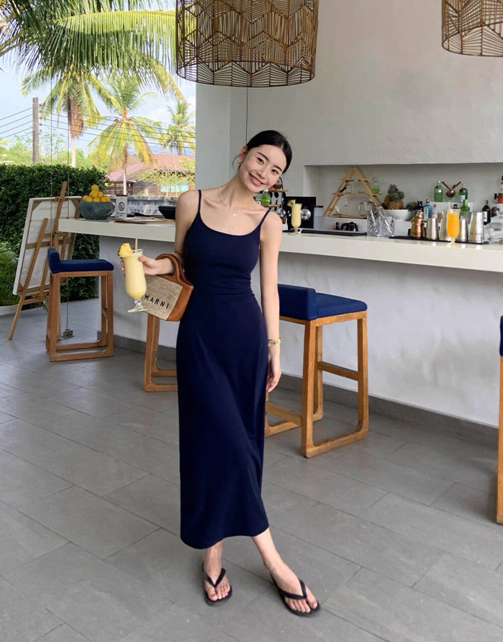 Solid Color Spaghetti Strap Maxi Dress with Built-in Non-Removable Bra Pad Dopamine Color Slim Fit Sleeveless Summer Dress