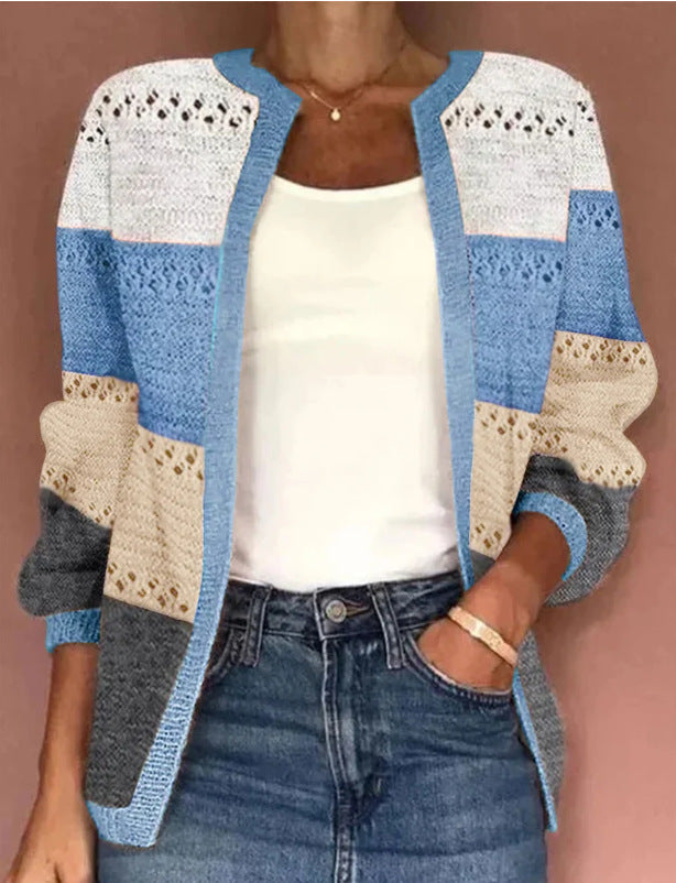 New Cross-Border Knitting Hot Sale2023Autumn and Winter European and American Amazon wishHot Selling Women's Wear Color Matching Hollow out Cardigan