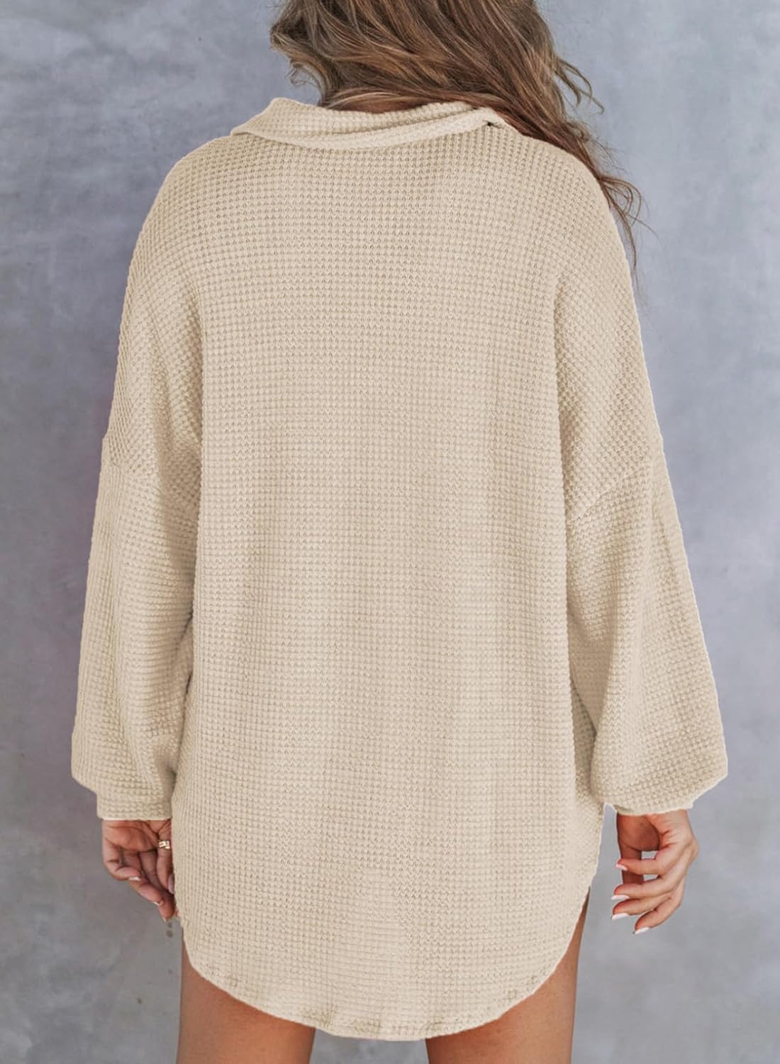 Women Waffle Knit Tops Henley Shirts Long Sleeve V Neck Solid Color Casual Tunic