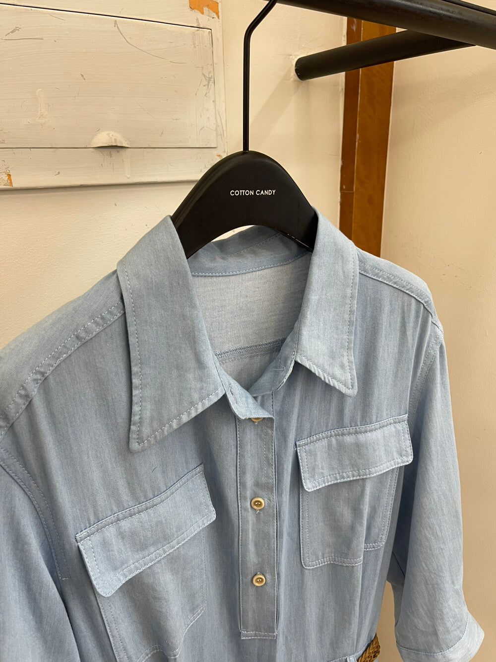 Women's Denim Short Sleeve Lapel Collar Gold Button Belted A-Line Maxi Dress Dual Chest Pockets with Free Braided Belt Dark Blue Light Blue S M Cotton Candy 288563 - Seldom Seen Styles