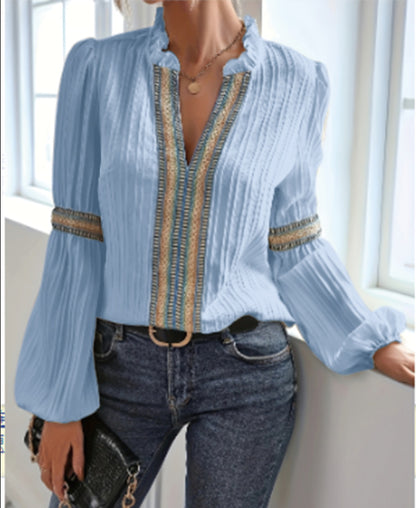 Women’s Lace Trim V Neck Lantern Long Sleeve Blouses Oversized Dressy Casual Loose Fit Business Work Shirts Tops