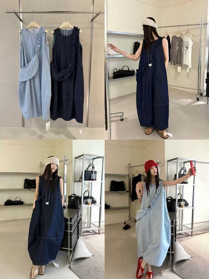 Women's Denim Sleeveless Diagonal Ruffle Trim A-Line Maxi Dress Drawstring Detail Light Blue Dark Navy One Size NNY with Free Bag