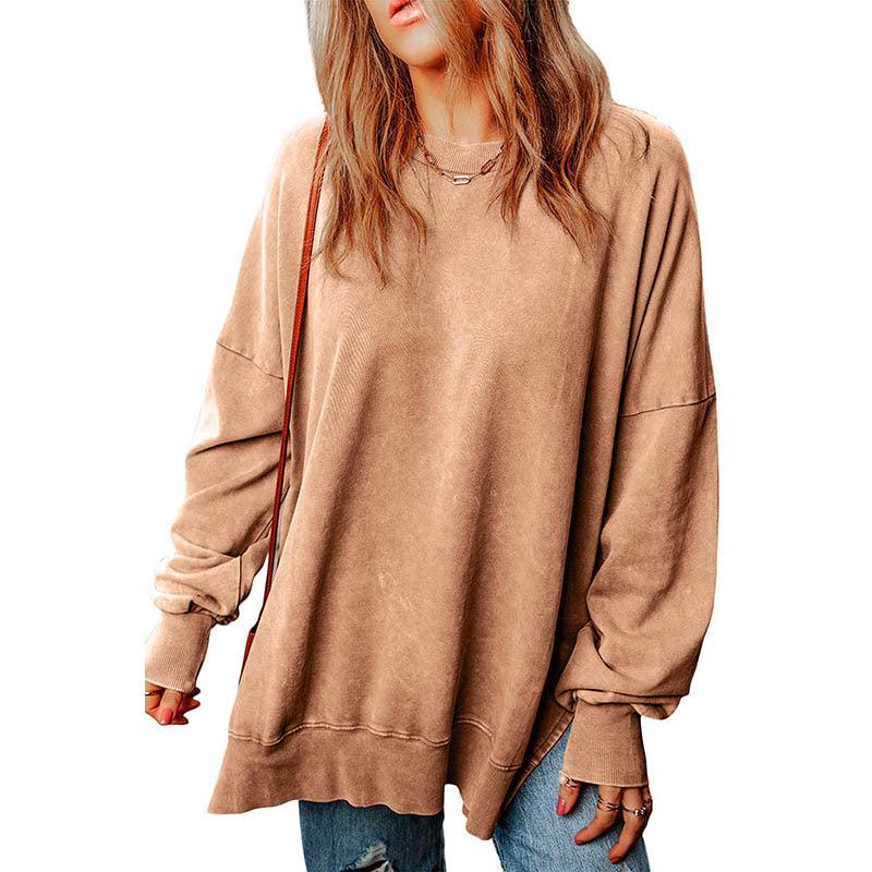 Autumn New Pure Color round-Neck Pullover Women's European and American Leisure Style All-Match Super Long Flab Hiding Long-Sleeved Top for Women