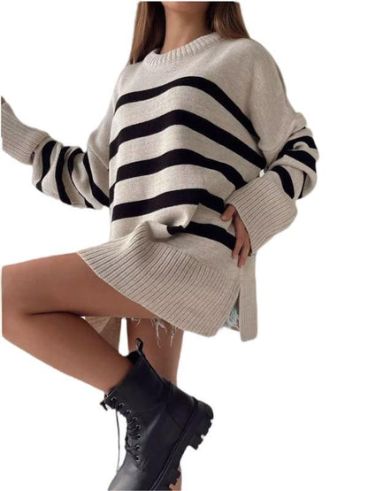 round Neck Contrast Color Knitted Striped Sweater Women 2024Autumn and Winter Women's Clothing  Pullover Loose