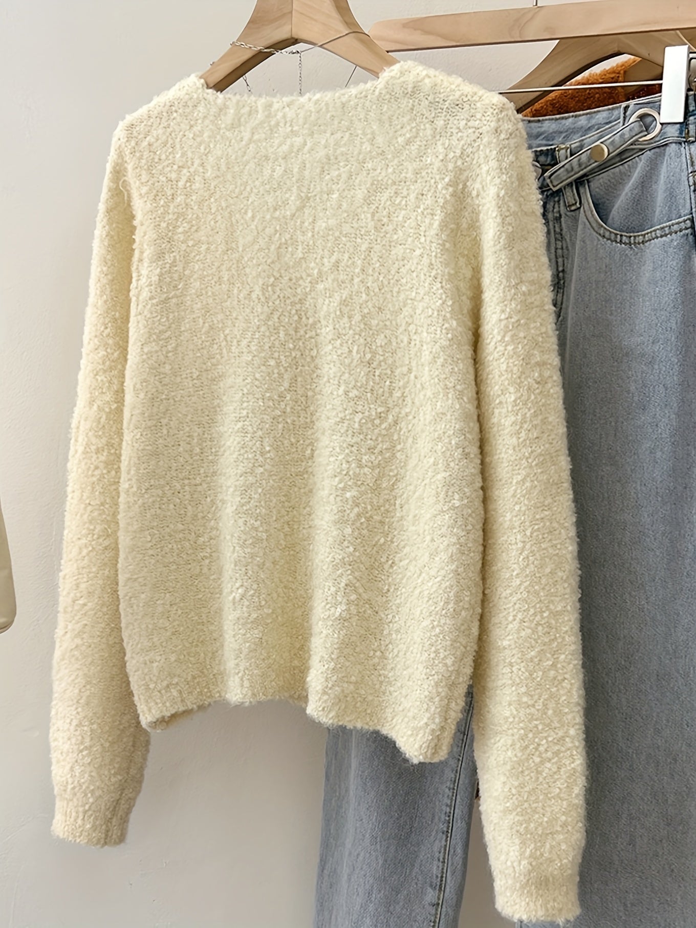 Solid Color Button Front Cardigan, Casual Long Sleeve Fuzzy Cardigan For Fall & Winter, Women's Clothing