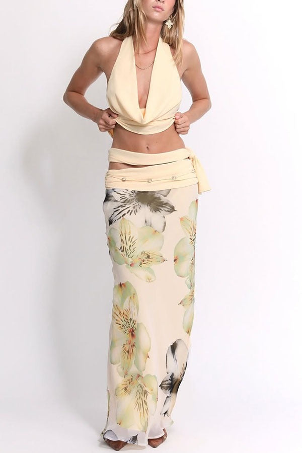 Women's Halter Crop Top and Floral Maxi Skirt Set Backless Two Piece Vacation Outfit - Seldom Seen Styles