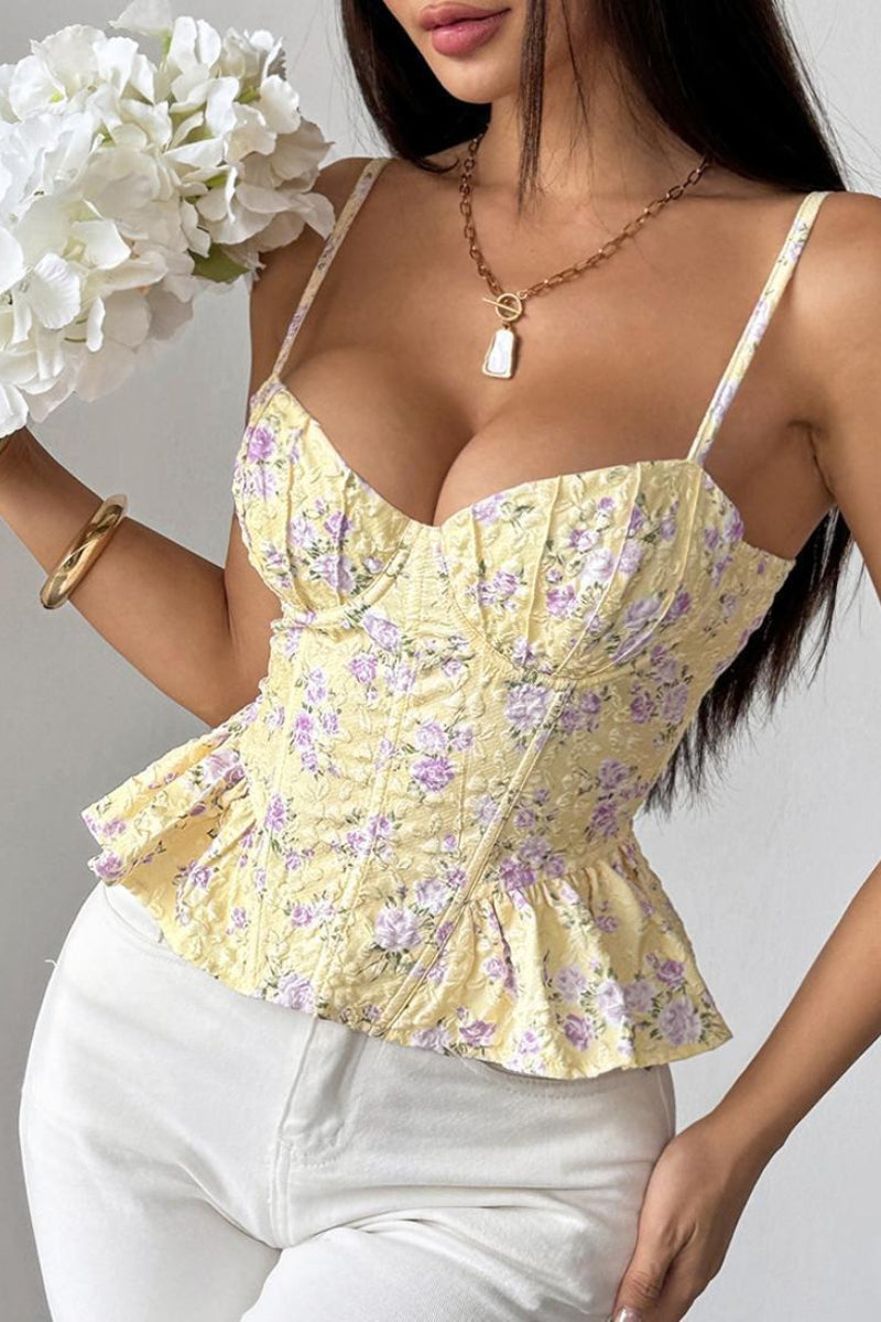 Women's Floral Ditsy Print Spaghetti Strap Cami Top Irregular Ruffle Hem Tie Detail Slim Fit Sleeveless Summer Casual Boho Going Out Top - Seldom Seen Styles