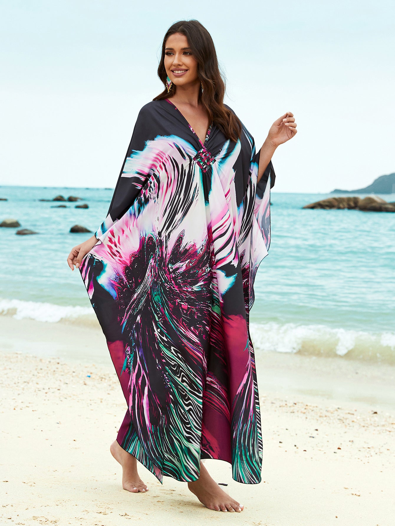 [Plus Size] Butterfly/feather Print Ruched Split Hem Tunic Dress, Valentine's Day Elegant Batwing Sleeve V Neck Long Dress for Summer, Casual Womenswear, Gift, Homecoming Dresses, Women's Clothes for Beach Holiday Vacation, Moo Moo Dresses