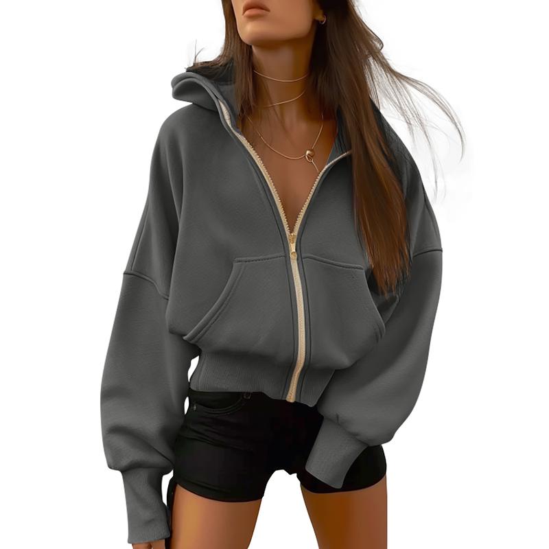 Women's Gold Zipper Hoodie Long Sleeve Fleece Y2K Style Casual Sweatshirt with Pockets for Fall Winter Clothes - Seldom Seen Styles