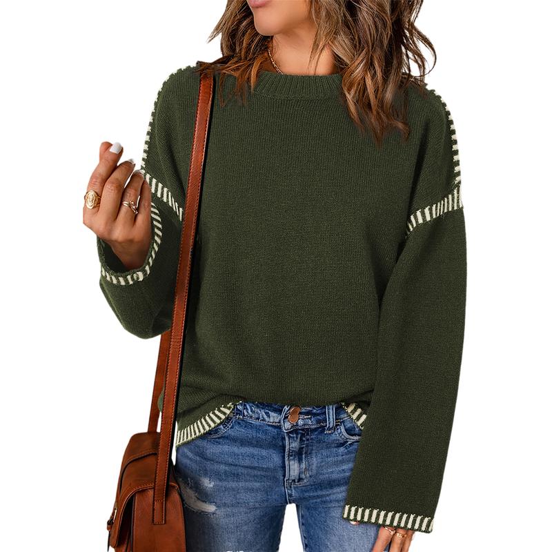 Sweaters for Women Fashion Solid Crewneck Loose Fit Long Sleeve Contrast Cable Knit Pullover Sweater Jumper Tops Knitwear Womenswear Knitwear Womenswear - Seldom Seen Styles