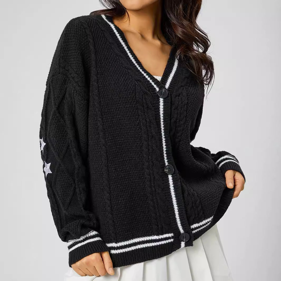 Women's Star & Letter Embroidery Textured Button Front Cable Knit Cardigan, Casual Drop Shoulder Long Sleeve V Neck Cardigan, Women's Knitwear for Fall & Winter - Seldom Seen Styles