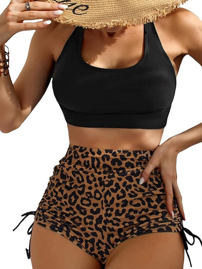 Women's 2 Piece Bathing Suits Leopard Scoop Neck Drawstring High Waisted Bikini Shorts Swimsuit - Seldom Seen Styles