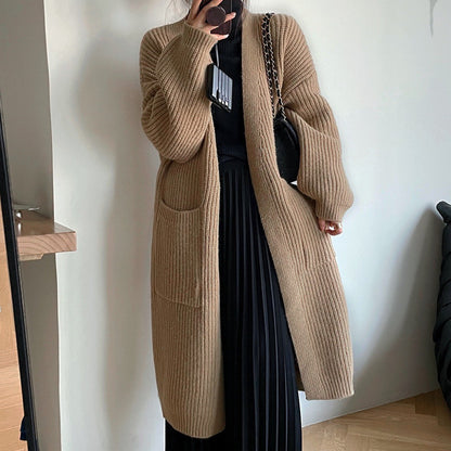 Autumn and Winter New Khaki Thickened Lazy and Loose Large Sweater Coat Female Korean Style High Sense Long Knitted Cardigan