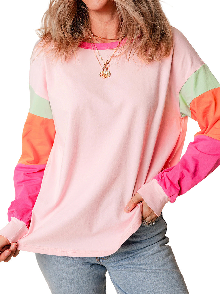 Autumn New Pullover round Neck Long Sleeves Top Women's European and American Personalized Design Sense Contrast Color Sweatshirt