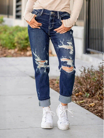 Judy Blue Dream Team Medium Wash Distressed Mid Rise Boyfriend Jeans - Seldom Seen Styles