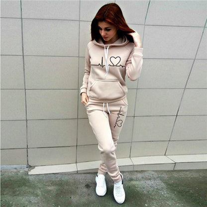 Two-Piece Set Women's Heart Print Raglan Sleeve Hoodie & Drawstring Waist Sweatpants Set, Casual Long Sleeve Hooded Pullover & Pocket Jogger Pants, Women's Fall & Winter Clothes, Holiday Outfits, Soft Clothes