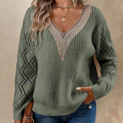 Womens Long Sleeve Sweaters Fall 2024 Trendy Sexy Lace V Neck Knit Drop Shoulder Pullover Sweater Jumper Tops