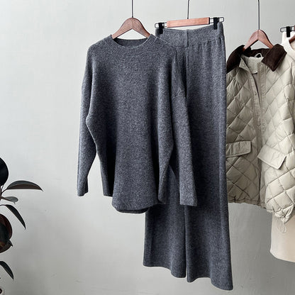 【Plus Size】 Two-Piece Set Solid Mock Neck Drop Shoulder Split Hem Sweater & Straight Leg Pants