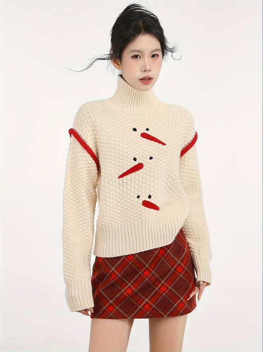 Snowman Pattern Turtle Neck Sweater, Sweet Long Sleeve Sweater For Fall & Winter, Women's Clothing