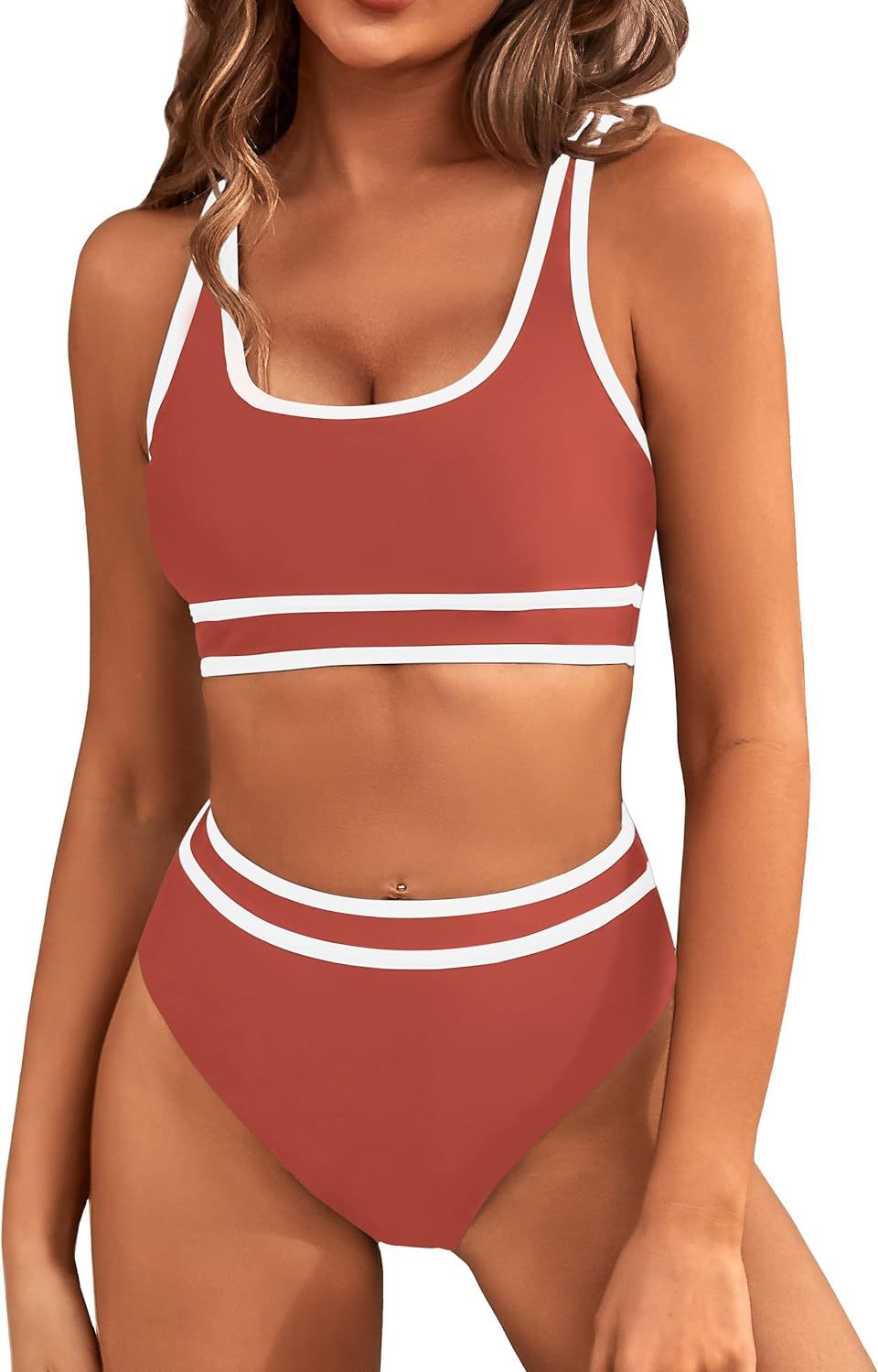 Women's High Waisted Bikini Sets Sporty Two Piece Swimsuits Color Block Cheeky High Cut Bathing Suits - Seldom Seen Styles