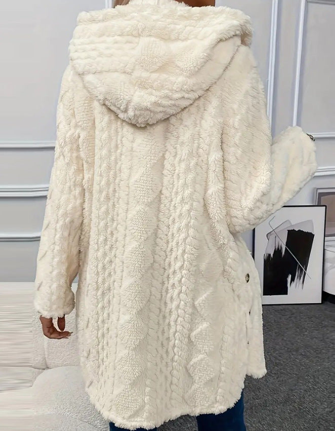 Autumn and Winter Warm Fashion Jacquard Plush Hooded Cardigan Coat