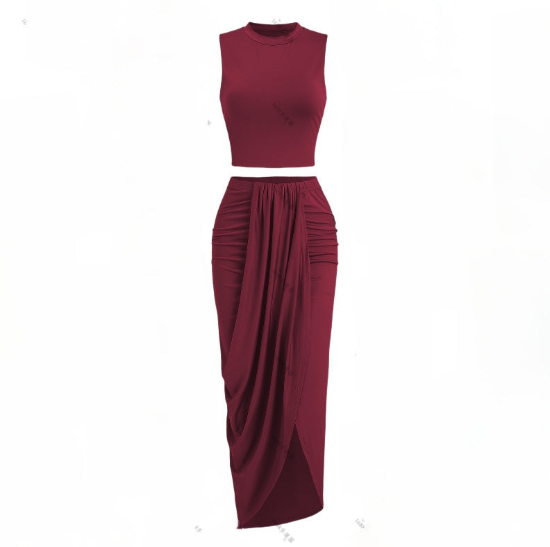 Women's Solid Crop Tank Top & Ruched Asymmetrical Hem Split Skirt Set, Chic Casual Mock Neck Sleeveless Top & High Waist Wrap Skirt, Womenswear Outfit - Seldom Seen Styles