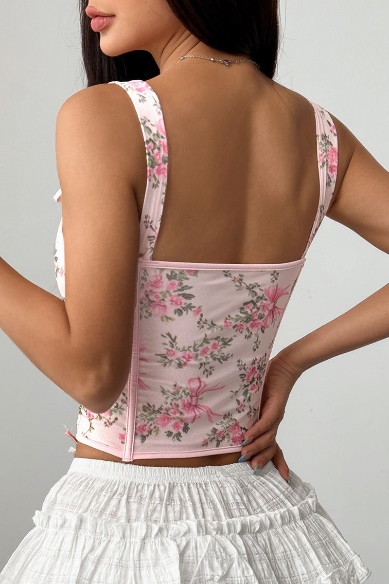Women's Floral Print Spaghetti Strap Cami Top Boning Tie Bow Detail Slim Fit Sleeveless Summer Garden Party Casual Going Out Top - Seldom Seen Styles