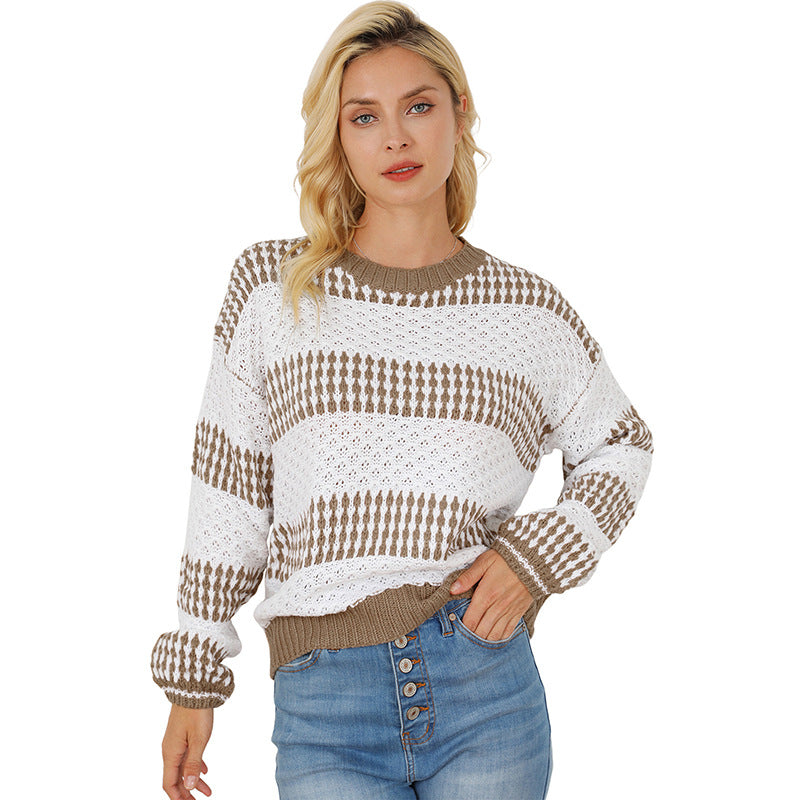 2024Autumn and Winter New Vertical Striped Pullover for Women European and American Casual Loose round Neck Contrast Color Knitwear Women