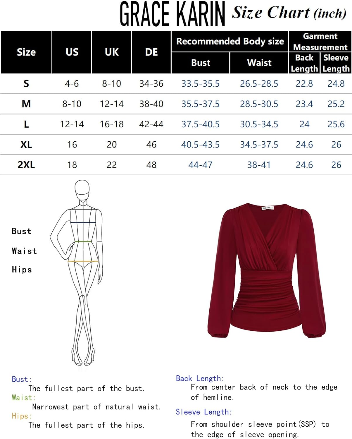 GRACE KARIN 2024 Womens Tops Elegant Wrap Blouse V Neck Work Shirts Fall Fashion Long Sleeve Dressy Casual Ruched Top