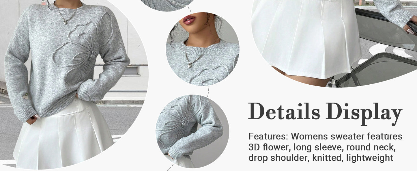 Women's 3D Floral Appliques Crewneck Sweaters Long Sleeve Drop Shoulder Pullovers Elegant Knit Tops - Seldom Seen Styles