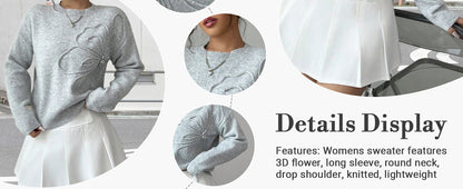 Women's 3D Floral Appliques Crewneck Sweaters Long Sleeve Drop Shoulder Pullovers Elegant Knit Tops