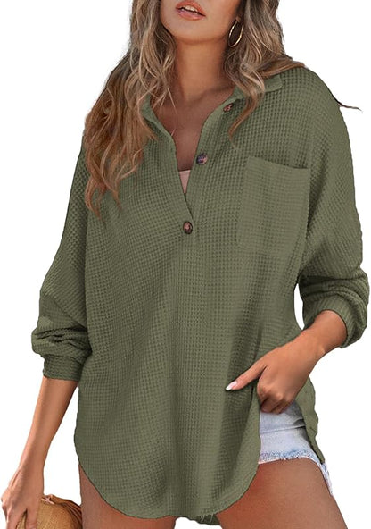 Women Waffle Knit Tops Henley Shirts Long Sleeve V Neck Solid Color Casual Tunic