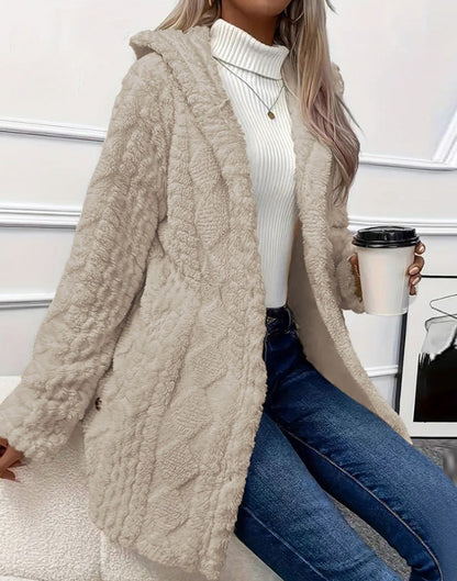 Autumn and Winter Warm Fashion Jacquard Plush Hooded Cardigan Coat