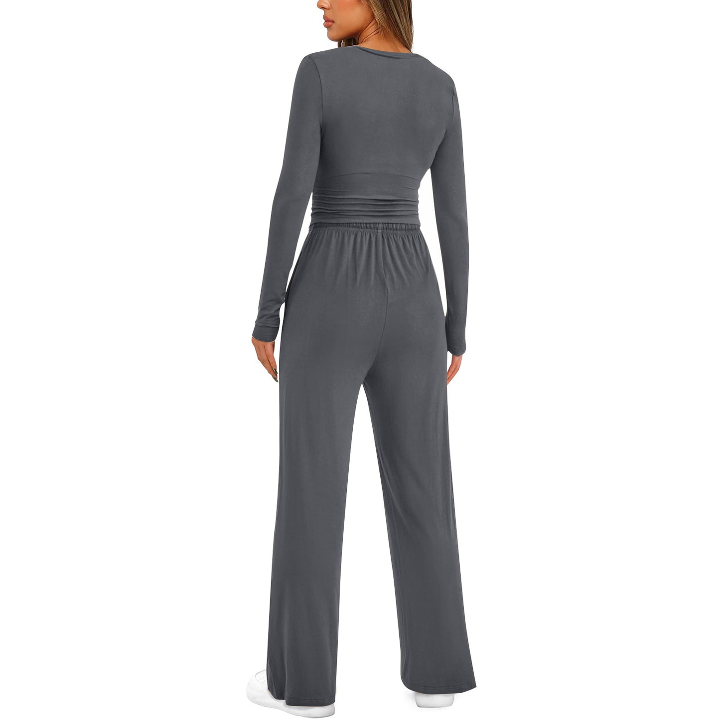 Autumn Solid Color Casual Suit Waist Pleated Long Sleeve Top with Trousers