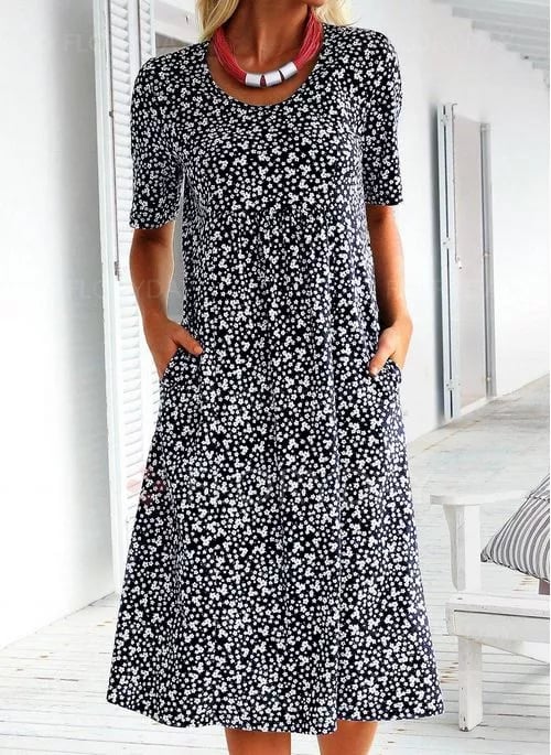 Summer round neck short sleeve flower sleeve midi dress (8 colors with pockets)