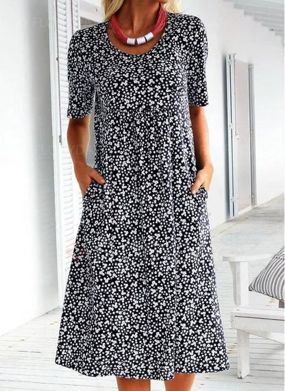 Summer round neck short sleeve flower sleeve midi dress (8 colors with pockets)