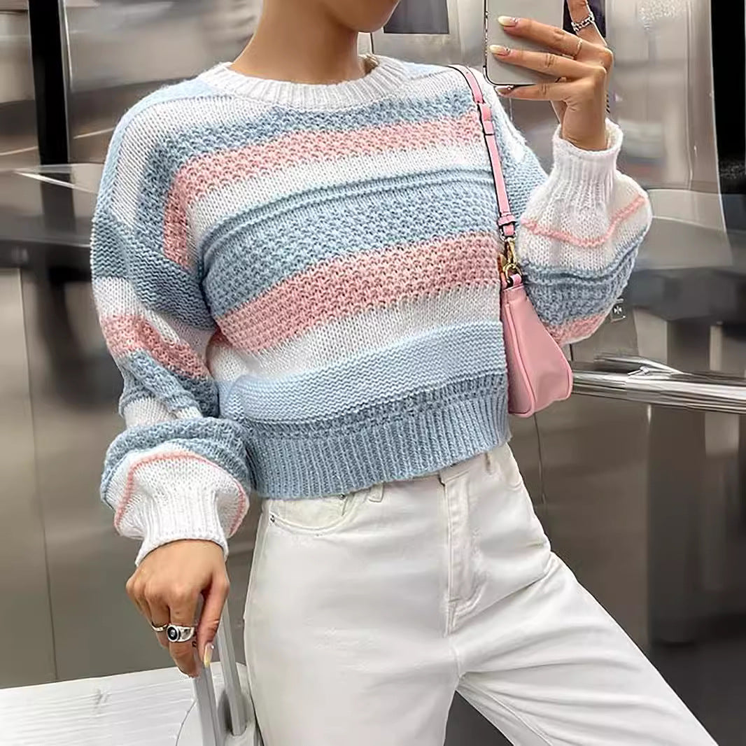 Spring and Autumn New Contrast Color Women's Striped Elegant Fashion All-Matching Women's Knitted Pullover