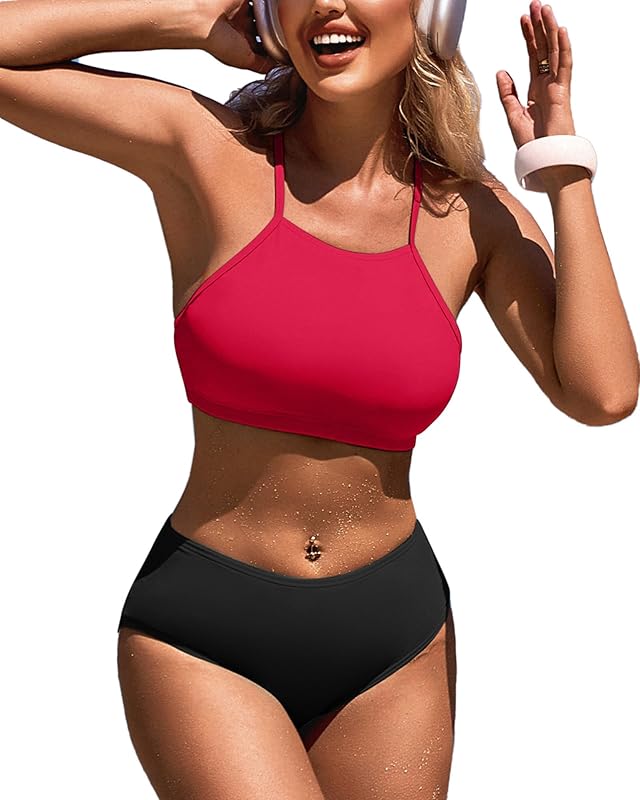 Women's High Waisted Bikini Sets Sporty Two Piece Swimsuit Tummy Control Bathing Suit with Pockets - Seldom Seen Styles