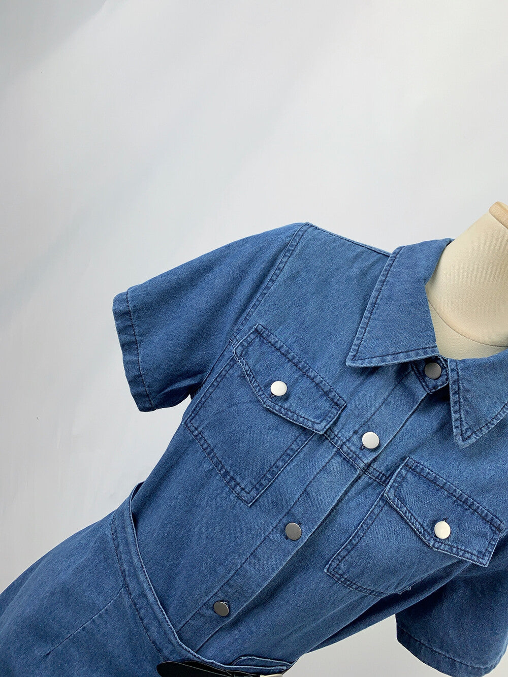 Women's Blue Denim Short Sleeve Shirt Dress with Belt Front Slit Midi Length Plus Size M L XL XXL 3XL 4XL - Seldom Seen Styles