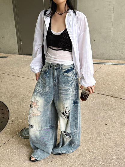 Women's Distressed Ripped Wide Leg Jeans High Waist Baggy Denim Pants Streetwear Y2K Casual Summer Outfit