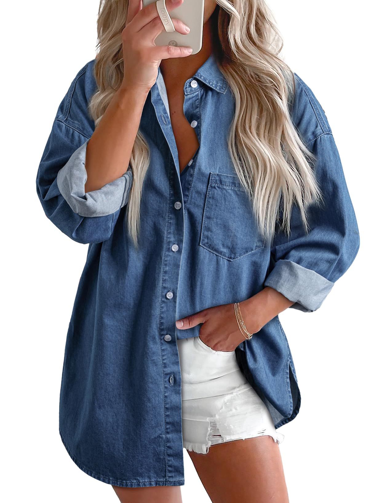 Astylish Damen 2024 Jeanshemden Button-Down-Bluse Langarm V-Ausschnitt Casual Top 