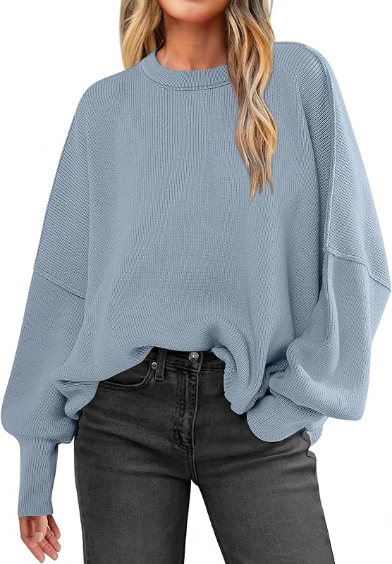 ANRABESS Women Crewneck Batwing Long Sleeve 2024 Fall Oversized Side Slit Ribbed Knit Pullover Sweaters Top Cozy Outfits