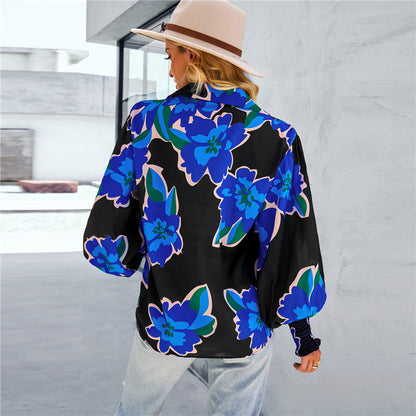 European and american hot2024eBay Amazon Spring Long-Sleeved Versatile Top Fashion Lantern Sleeve Women's Printed Wear Shirt