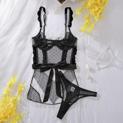 Sexy Color-Block Mesh See-Through Lingerie Hollow Out Backless No-Remove Temptation Erotic Bodysuit with Underwire