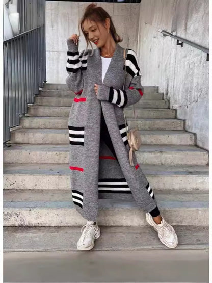 Long  Striped Sweater Cardigan  Loose Large Sweater Coat