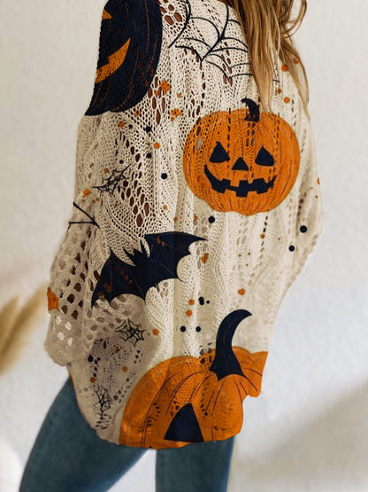 Women's Halloween Pumpkin Print Long Sleeve Knit Top, Casual Elegant Vacation Style, Loose Fit Batwing Shoulder, Spring Summer Fall Wear