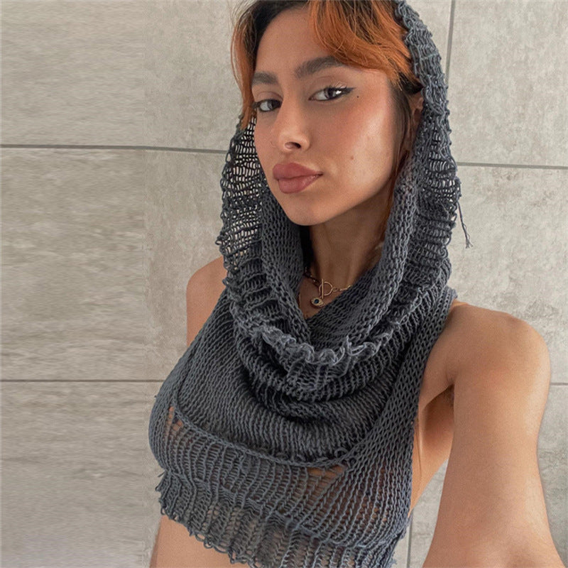 Europe and america cross border2022Autumn Fashion Women's Fashion Clothing New Hooded Sleeveless Midriff-Baring Knitted Solid Color Inner Wear Sweater