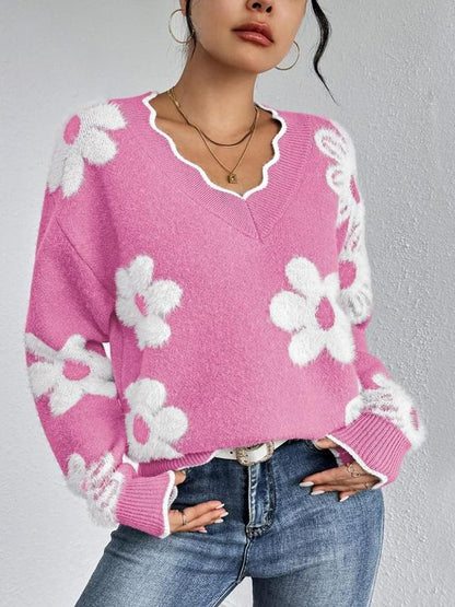 Women's Floral Pattern Scallop Trim Drop Shoulder Sweater, Casual Long Sleeve V Neck Jumper for Fall & Winter, Fashion Ladies' Knitwear for Daily Wear