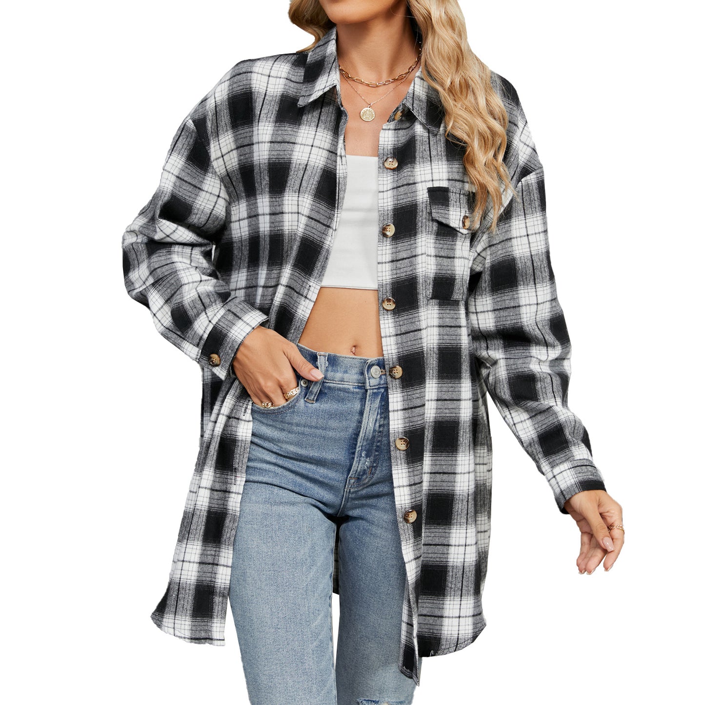 Blooming Jelly Women's Button Down Flannel Shirts Plaid Shacket Long Sleeve Collared Business Casual Tops Work