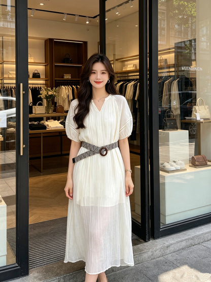 V-Neck Puff Sleeve Loose Flowy Maxi Dress with Woven Belt Included Crinkle Texture Elegant Casual Summer Dress White Dark Grey